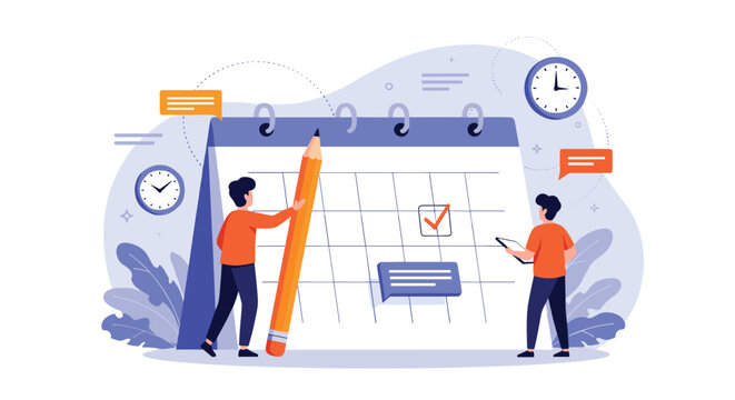 Two small people using a large pencil to check a date on a giant desk calendar representing planning and deadlines.