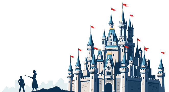 Stylized illustration of a large fairytale castle with many towers and red flags being viewed by two small silhouetted figures.