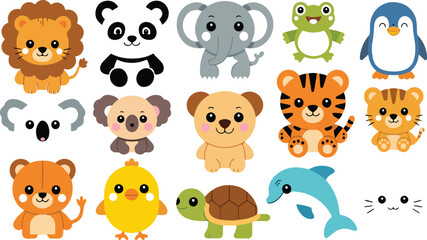 Naklejka premium Kawaii Animal Icon Collection 13 Cute Animals Flat Cartoon Pack