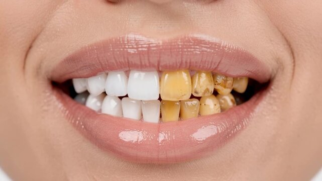 Close up of a smiling mouth showing teeth transforming from yellow stained to bright white