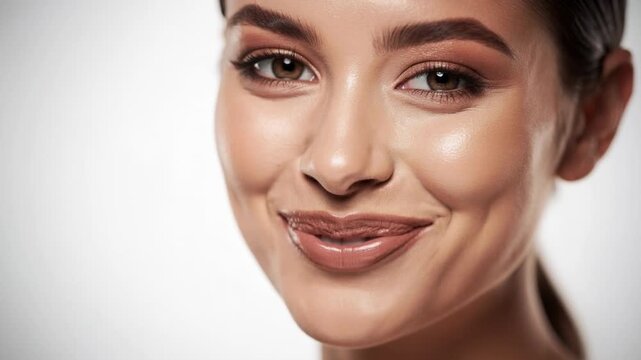 Close up of a smiling woman with flawless glowing skin showcasing natural beauty and radiant healthy complexion