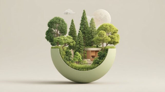 Eco-Sphere: A miniature, self-contained ecosystem thrives inside a stylized, egg-shaped container, featuring lush trees, a charming house, and a soft-hued background.