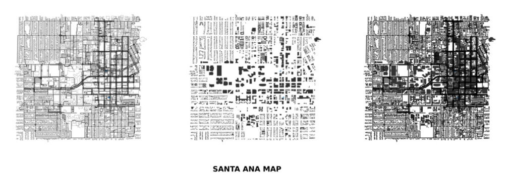 Santa ana city map set with road network and building footprints