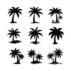 Fototapeta premium Collection of black palm tree silhouettes isolated on white surface