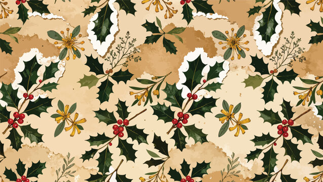 Seamless vintage christmas pattern with holly berries green leaves and distressed paper textures.
