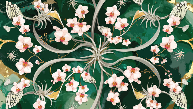 Symmetrical floral pattern with white orchids and butterflies against a deep emerald green watercolor background with gold accents.