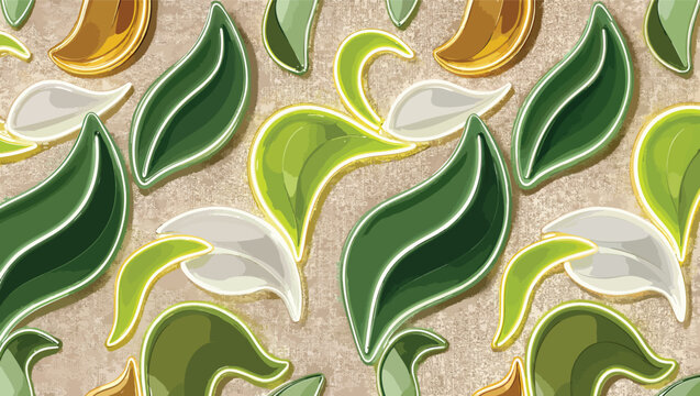 Stylized green and gold leaf pattern with glossy texture on a speckled beige background.