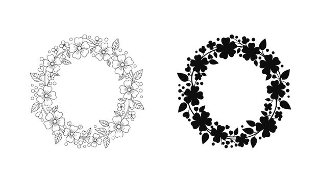 Floral wreath circular frame with flowers and leaves in line art and solid black vector design for wedding or event invitations