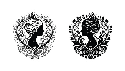 Woman silhouette profile portrait framed by ornate floral vines and hearts in outline and solid black vector set for beauty and wellness branding © Canvas