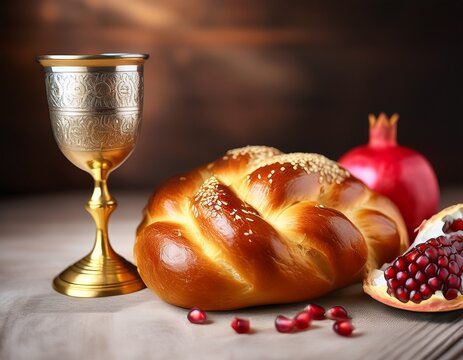 golden challah beside split pomegranate and silver goblet symbolizing sabbath serenity and rosh hashanah s sweet renewal