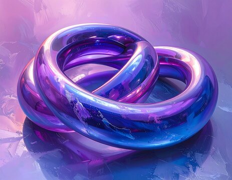 Intertwined, metallic, toroidal forms reflect light, creating a shiny, iridescent effect. The background features a soft, textured brushstroke