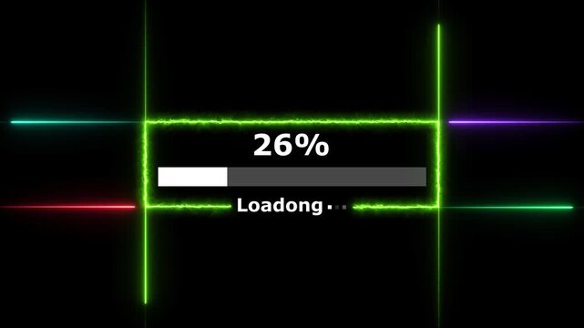 Cyberpunk loading neon bright white color animation. 67 percent number loading icon modern design rectangle from neon light black background 4k video.