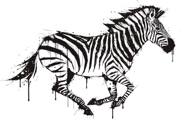 Naklejka premium Running zebra illustration with dripping paint effect black and white animal design, wild nature symbol art