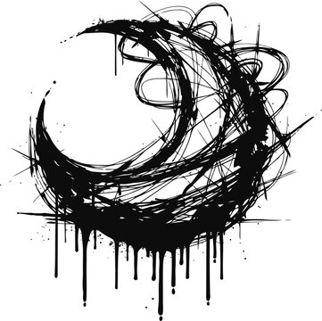 Abstract grunge crescent moon shape with splatter and sketch lines ink design