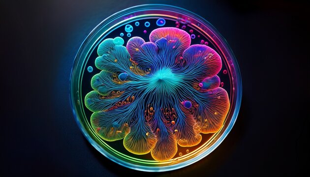 chromatic microbial bloom in petri dish celebrating national petri dish day exuberant cellular dance microcosmic art exploration bio luminescent tapestry
