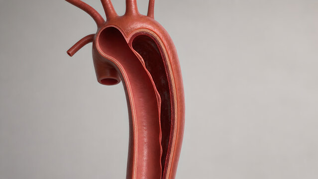 Aortic dissection 3D cutaway, intimal flap, true lumen, false lumen, realistic aorta anatomy, medical teaching render, vascular wall texture