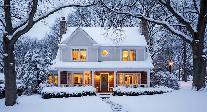Cozy house covered in winter snow at night