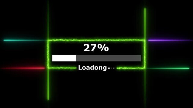 Cyberpunk loading neon bright white color animation. 70 percent number loading icon modern design rectangle from neon light black background 4k video.