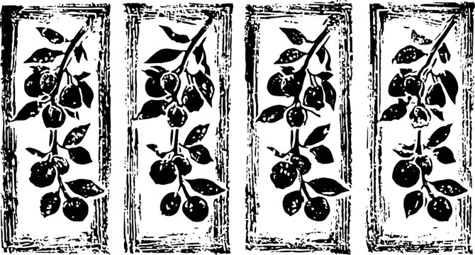 Monochrome vintage botanical illustration of fruit branches with leaves in decorative rectangular frames set