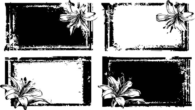 grunge floral frames with lilies set vintage decorative border designs with flowers in black and white