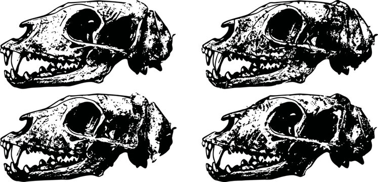 Four animal skulls arranged in grid, detailed black and white scientific illustration, vintage anatomy drawing