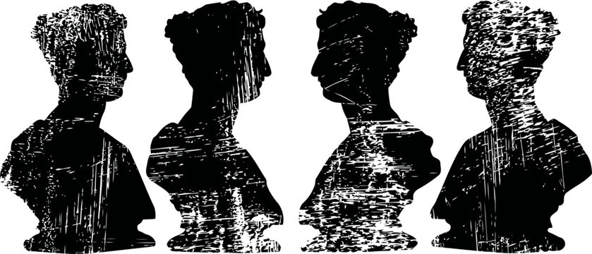 grunge silhouettes of four male busts facing various directions with textured distressed effect