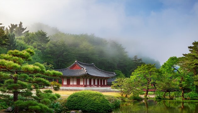 misty korean forest temple morning serene whispers of nature s breath chuseok reflections cultural tranquility amidst verdant zen