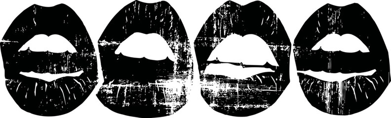 Obraz premium four black lips prints in a row with different textures and wear levels on white background