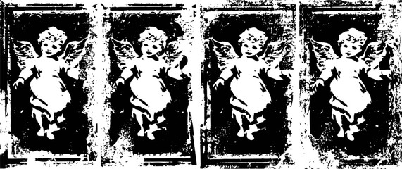 Naklejka premium vintage cherub angel illustrations with wings in distressed black and white texture artwork