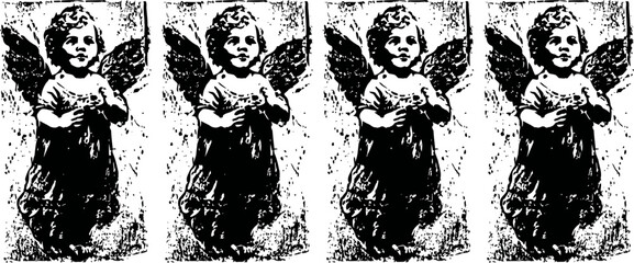 Naklejka premium Vintage angel statue with wings and folded hands, monochrome antique religious sculpture