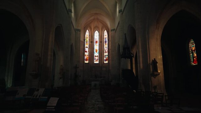 Issigeac Church Nave and Gothic Windows Tracking Shot