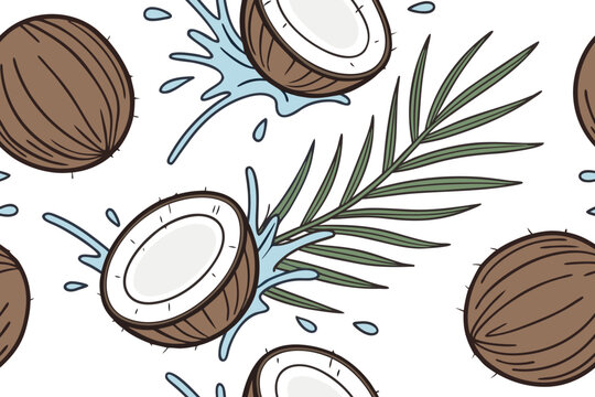 Seamless vector illustration of tropical coconuts with water splashes and palm leaves creating a refreshing summer pattern design
