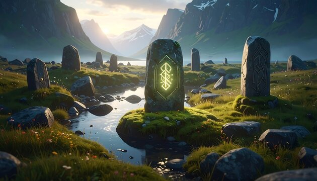 Ancient mystical landscape with glowing runestone