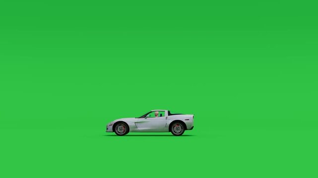 White Corvette driving on green screen background