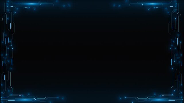 Blue futuristic circuit frame with glowing corner lines, dark empty center, and sleek technology border. for AI videos, cyber intros, software titles, digital presentations, and modern overlays.