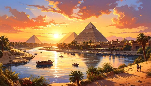Ancient pyramids along a serene river at sunset