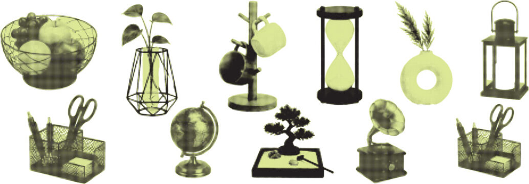 halftone pop art green decor elements set with plant vase lamp globe and interior decoration objects