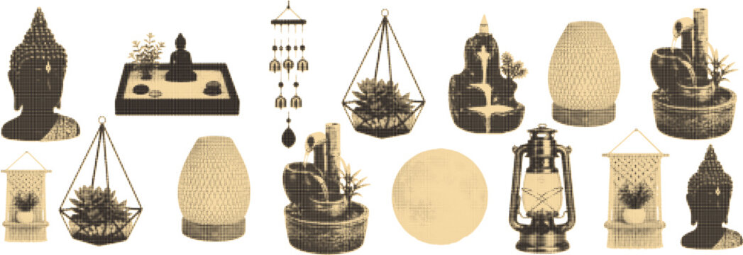halftone pop art home objects set with bowl plant scissors globe and decorative household items