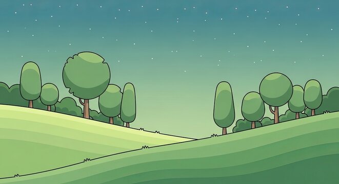 Whimsical cartoon landscape with rolling hills and green trees under starry sky
