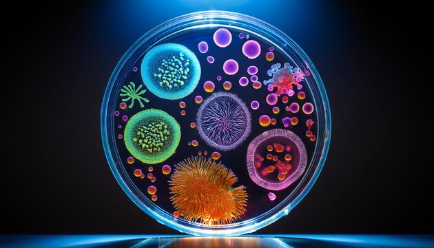a petri dish glows with neon microbial constellations evoking bioart day science week s colorful microbiome extravaganza