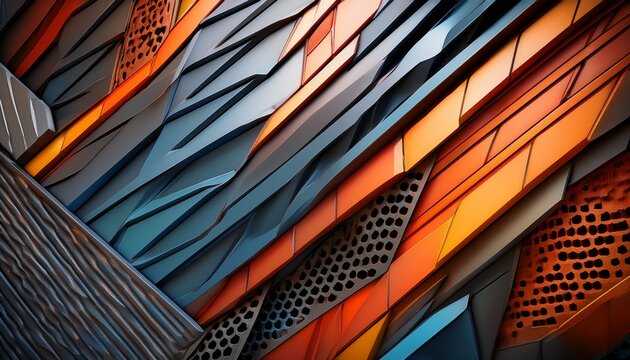 modern steel angular geometric cladding with colour tones and perforated patterned design