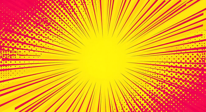 Comic book style sunburst background with halftone dots and radial light rays in red and yellow background sunburst halftone abstract illustration