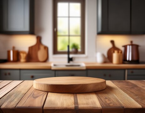 podium or cutting board on wooden table on defocused rustic kitchen bench interior background