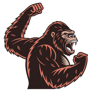 Angry gorilla with raised fist and open mouth furious