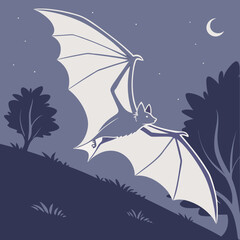 White bat flying in the night sky with crescent moon stars © Sumi