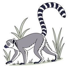 Ring-tailed lemur walking to the left in grass animal mammal cartoon © PixelFusion