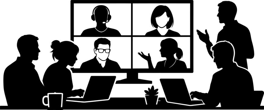 People in office meeting with remote coworkers on screen display
