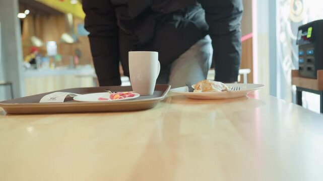 Empty tray and mug on table, man in dark jacket approaches and sets down tray with coffee and pastry on wooden table, warm daylight, soft bokeh background of busy cafeteria, candid closeup conveying