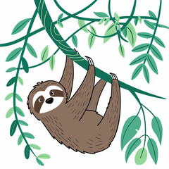 Brown sloth hanging from green tree branch with leaves © PixelFusion