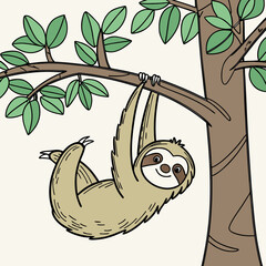 Beige sloth hanging from tree branch with green leaves smiling © PixelFusion